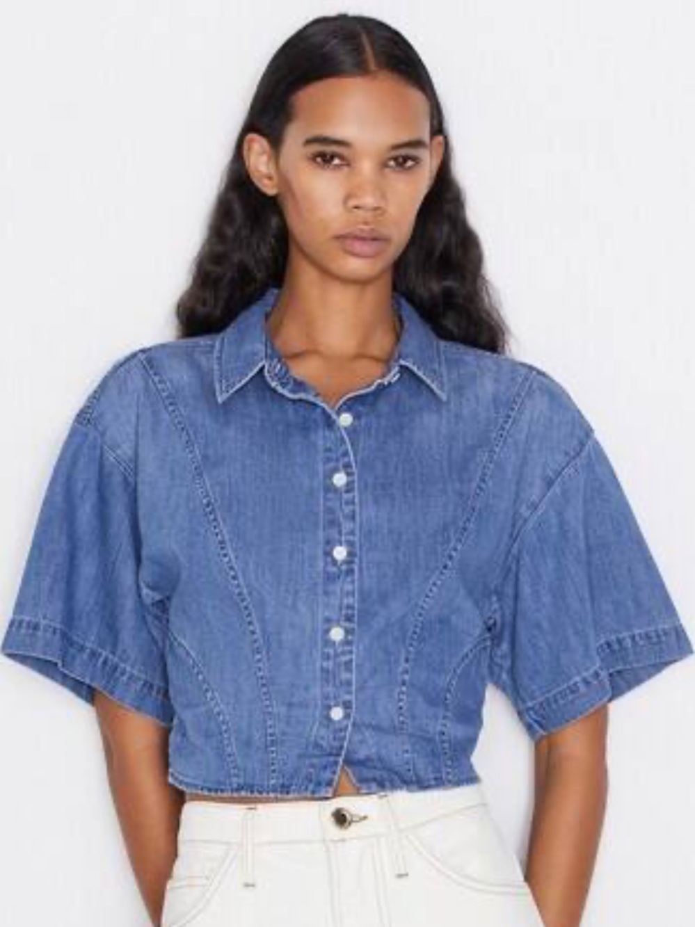 FRAME Denim Cropped Cotton Shirt in Shoreline Wash Size M